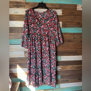 Zara Black and Red Floral Long Sleeve Dress
